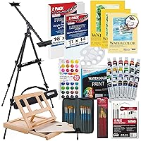 U.S. Art Supply 70-Piece Artist Watercolor Painting Set with Aluminum Field Easel, Wood Table Easel, 60 Watercolor Paint Colors, 34 Brushes, 2 Stretched Canvases, 6 Canvas Panels, 3 Paper Painting Pad