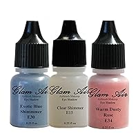 Set of Three (3) Shades of Glam Air Airbrush Eye Shadow Makeup E15 Clear Shimmer, E30 Exotic Blue Shimmer and E34 Warm Dusty Rose Water-based Formula Last All Day (For All Skin Types) 0.25oz Bottles
