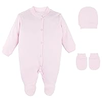 Lilax Baby Girl 3 Piece Solid Color Soft Cotton Footie, Hat and Mittens Layette Gift Set