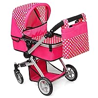 fash n kolor Foldable Pram for Baby Doll with Polka Dots Design with Swiveling Wheel Adjustable Handle