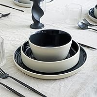Stone Lain Elica 12-Piece Dinnerware Set Stoneware, Plates and Bowl Set, Black and Beige