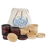 WE Games Checkers Pieces Only, Wooden Checker Board Game Pieces, 24 Brown and Natural Stackable Player Pieces with a Drawstring Storage Bag, 2 Inch Diameter Carved Versatile Game Pieces
