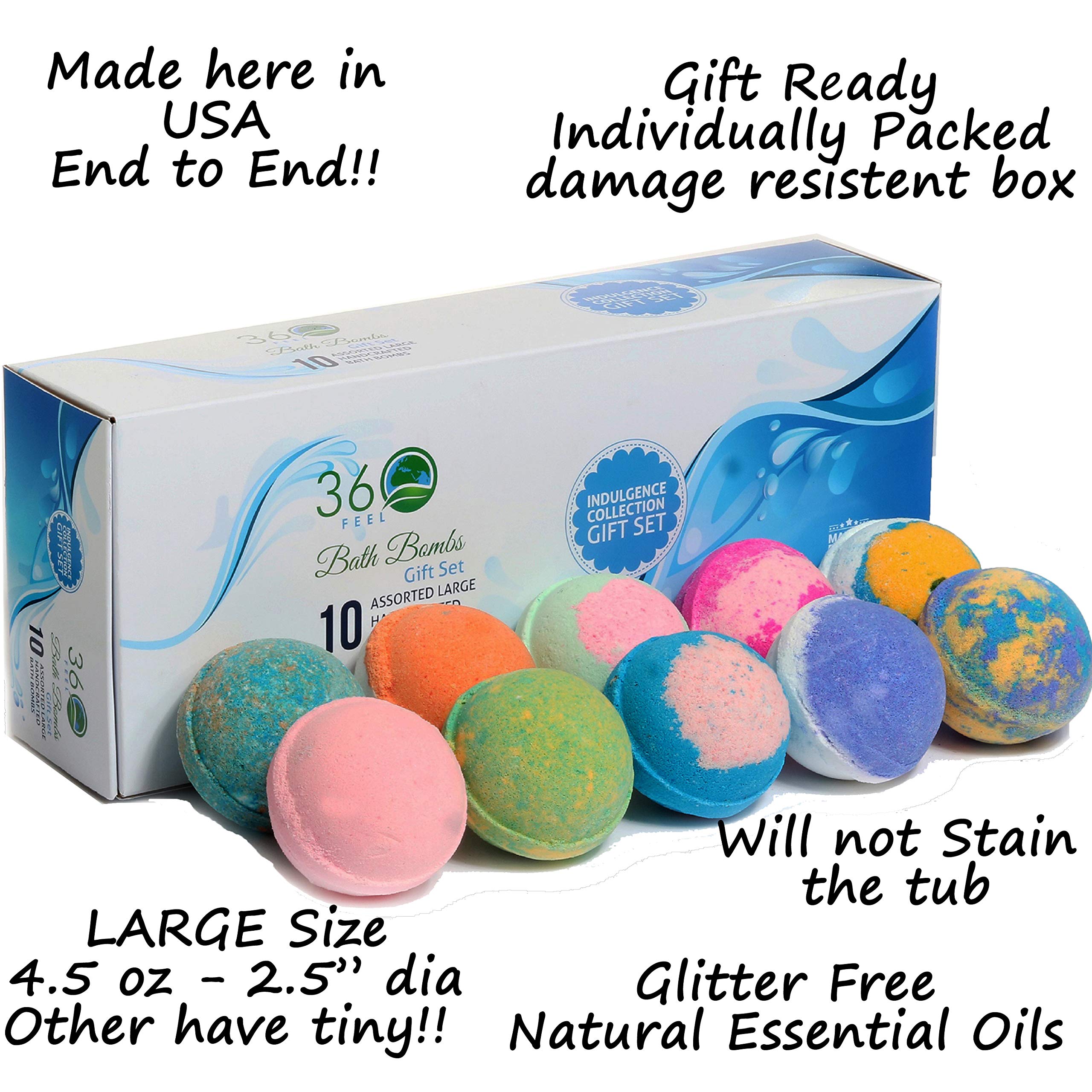 360Feel Bath Bombs Gift Set 10 Large USA made -Made with Essential Oil -All Natural Organic Bath Fizzies- Gift ready box - Aromatherapy Organic Bath Bomb for Women Men and Kids - Gift ready box