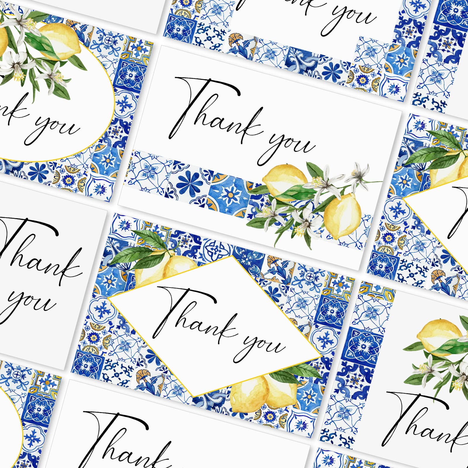 AnyDesign 36 Pack Lemon Thank You Cards Bulk Vintage Blue Tiles Lemon Thank You Note Cards with Stickers Envelopes Watercolor Greeting Cards for Baby Shower Wedding Birthday Party and All Occasion