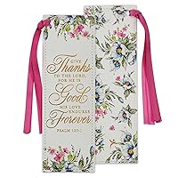 Christian Art Gifts Premium Vegan Leather Scripture Bookmark for Women: Give Thanks - Ps. 107:1 Inspirational Bible Verse, Creamy Floral