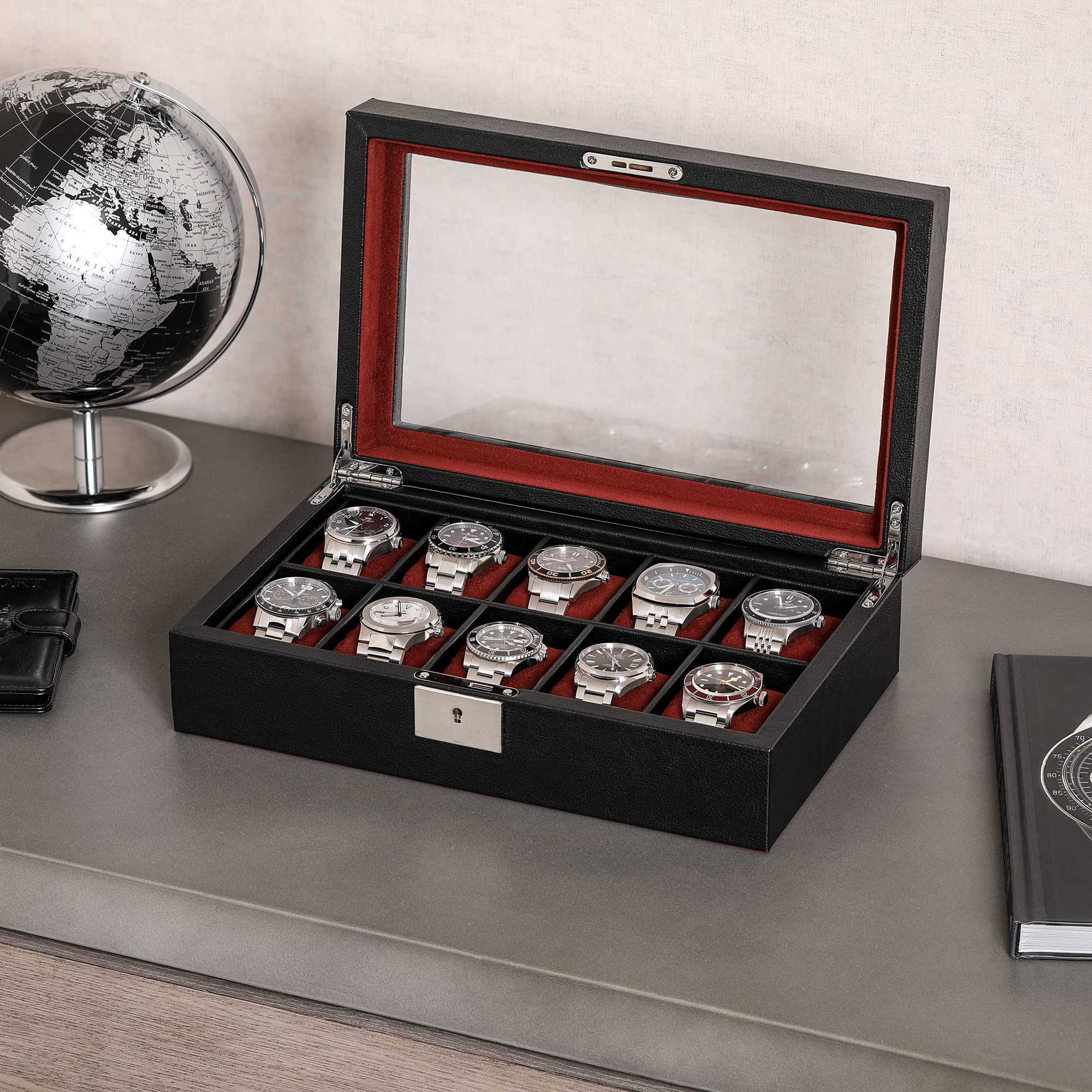 ROTHWELL Gift Set 10 Slot Leather Watch Box & Matching 2 Watch Travel Case - Luxury Watch Case Display Organizer, Locking Mens Jewelry Watches Holder, Men's Storage Boxes Glass Top Black/Red