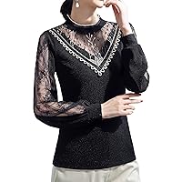 Women's Glitter Mesh Tops Elegant Lace Long Sleeve Sheer Mock Neck Embroidery Rhinestone Blouses Casual Chiffon Shirts