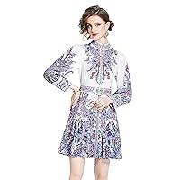 LAI MENG FIVE CATS Women's Summer Puff Sleeve V-Neck Floral Print Casual Swing Mini Dress(Suitable Petite Fit)