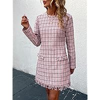 Women's Dress Plaid Pattern Raw Trim Tweed Dress Dress for Women (Color : Pink, Size : Large)