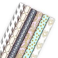 Hallmark Wrapping Paper Rolls for Mothers Day, Wedding, Bridal Shower, Birthday Gift Wrap with Cutlines on Reverse (6 Rolls: 180 Sq. Ft. Total) White and Silver Stripes, Mint Green, Gold Hearts and Flowers