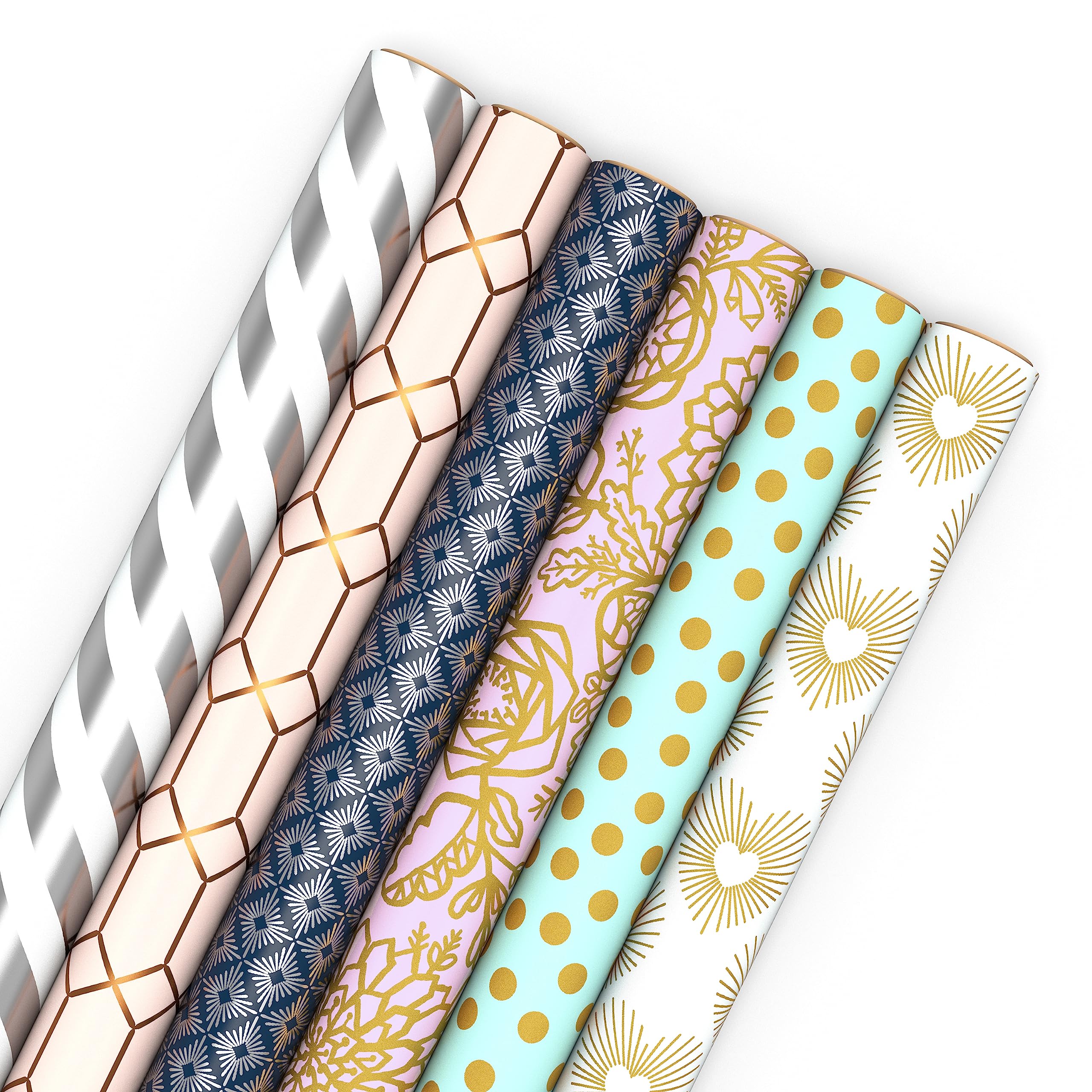 Hallmark Wrapping Paper with Cutlines on Reverse (6 Rolls: 180 Sq. Ft. Total) White and Silver Stripes, Mint Green, Gold Hearts and Flowers for Weddings, Bridal Showers, Birthdays