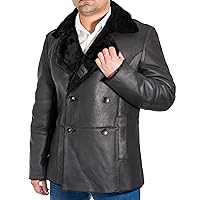 Mens German Naval Real Shearling Sheepskin Double Breasted Trench Long Pea Coat