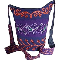 NATURAL FLOW Fair Trade Padded Cotton Embroidered Hippy Boho Shoulder Shopping Bag (Blue & Purple)