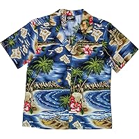 Women's Hibiscus Hawaiian Islands Aloha Cotton Shirt in Navy Blue - XL