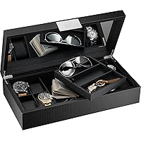 Co Watch and Sunglasses Box with Valet Tray for Men -14 Slot Luxury Display Case Organizer, Black Carbon Fiber Design for Jewelry Watches, Men's Storage Holder w Large Mirror, Metal Buckle