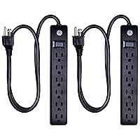 6-Outlet Surge Protector 2 Pack, 3 Ft Extension Cord, Power Strip, 450 Joules, On/Off Switch, Integrated Circuit Breaker, Heavy Duty, Warranty, UL Listed, Black, 83969