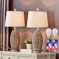 27” Natural Rattan Table Lamps Set of 2,Touch Switch,3-Way Dimmable Bedside Lamps, with A+C USB Charging Ports,Oatmeal Lampshade,Farmhouse Table Lamp for Bedroom, Living Room(2 Bulbs Included)