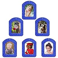 The Original Mini Glitter Photo Christmas Ornaments, Magnetic Easy-Load Picture Frame Ornament, Includes Photo Protectors Plus Hooks for Hanging, Vertical, Blue 6-Pack