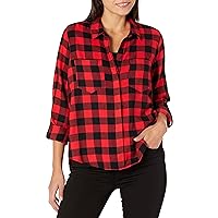 Calvin Klein Women's Everyday Large Buffalo Plaid Split Back Button Cown with Roll Tab Sleeve