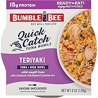 Bumble Bee Quick Catch Teriyaki Rice, Wild Caught Tuna and Rice Bowl, 6 Ounce (Pack of 6) - Ready to Enjoy, Spork Included - 15g Protein per Serving - No Artificial Flavors - Good source of fiber
