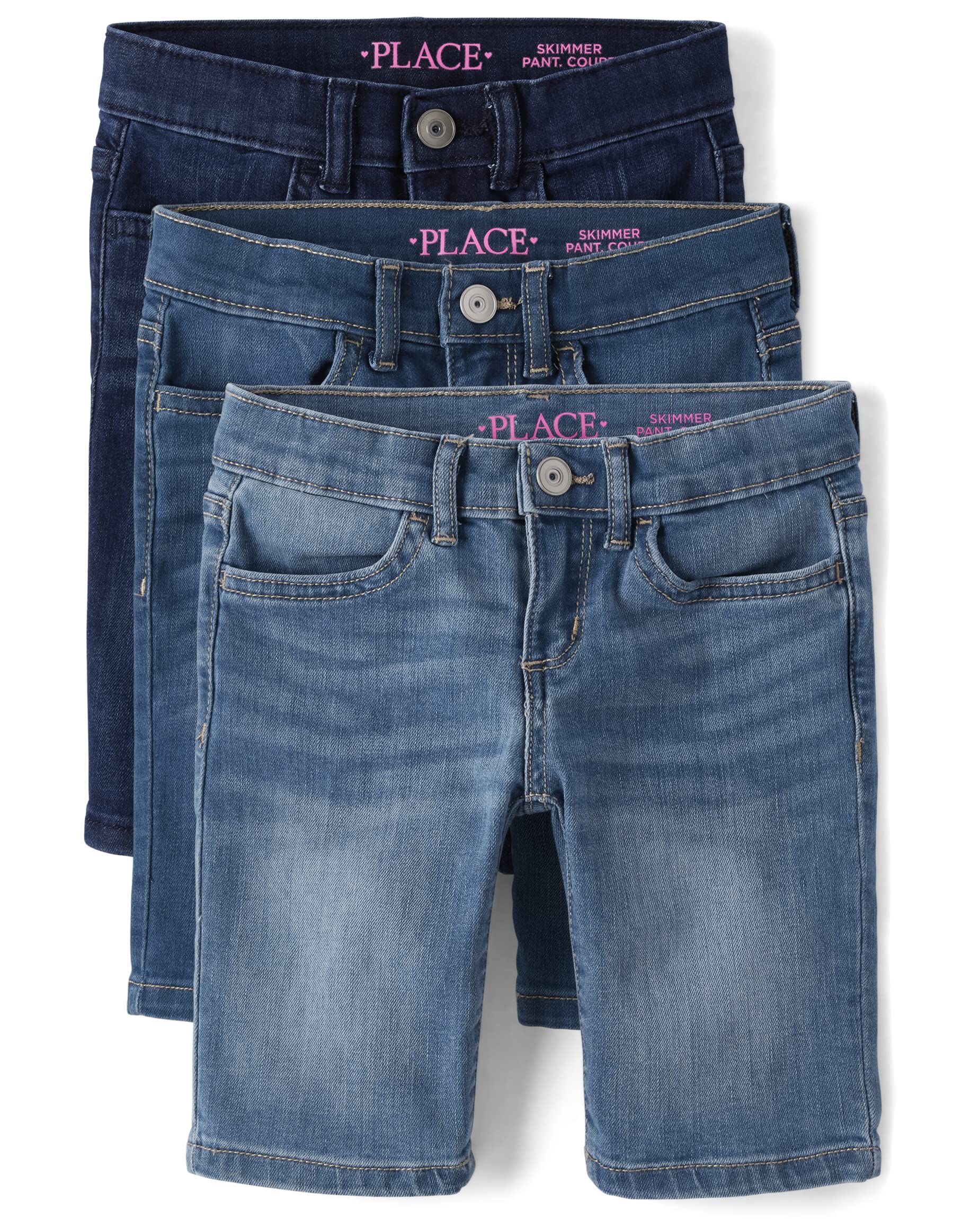 The Children's Place Girls' Denim Skimmer Shorts 3-Pack, Light Blue/Blue/Dark Blue, 14