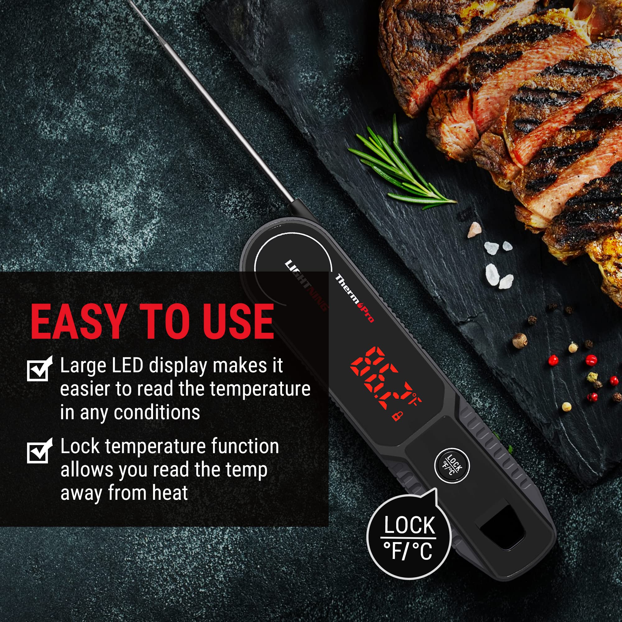 ThermoPro Lightning 1-Second Instant Read Meat Thermometer, Calibratable Kitchen Food Thermometer with Ambidextrous Display, Waterproof Cooking Thermometer for Oil Deep Fry Smoker BBQ Grill