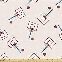 Basketball Fabric by The Yard, Basketball Court Cartoon Style Collage Competition Sports, Decorative Fabric for Upholstery and Home Accents, 1 Yard, Blue Vermilion and Brown