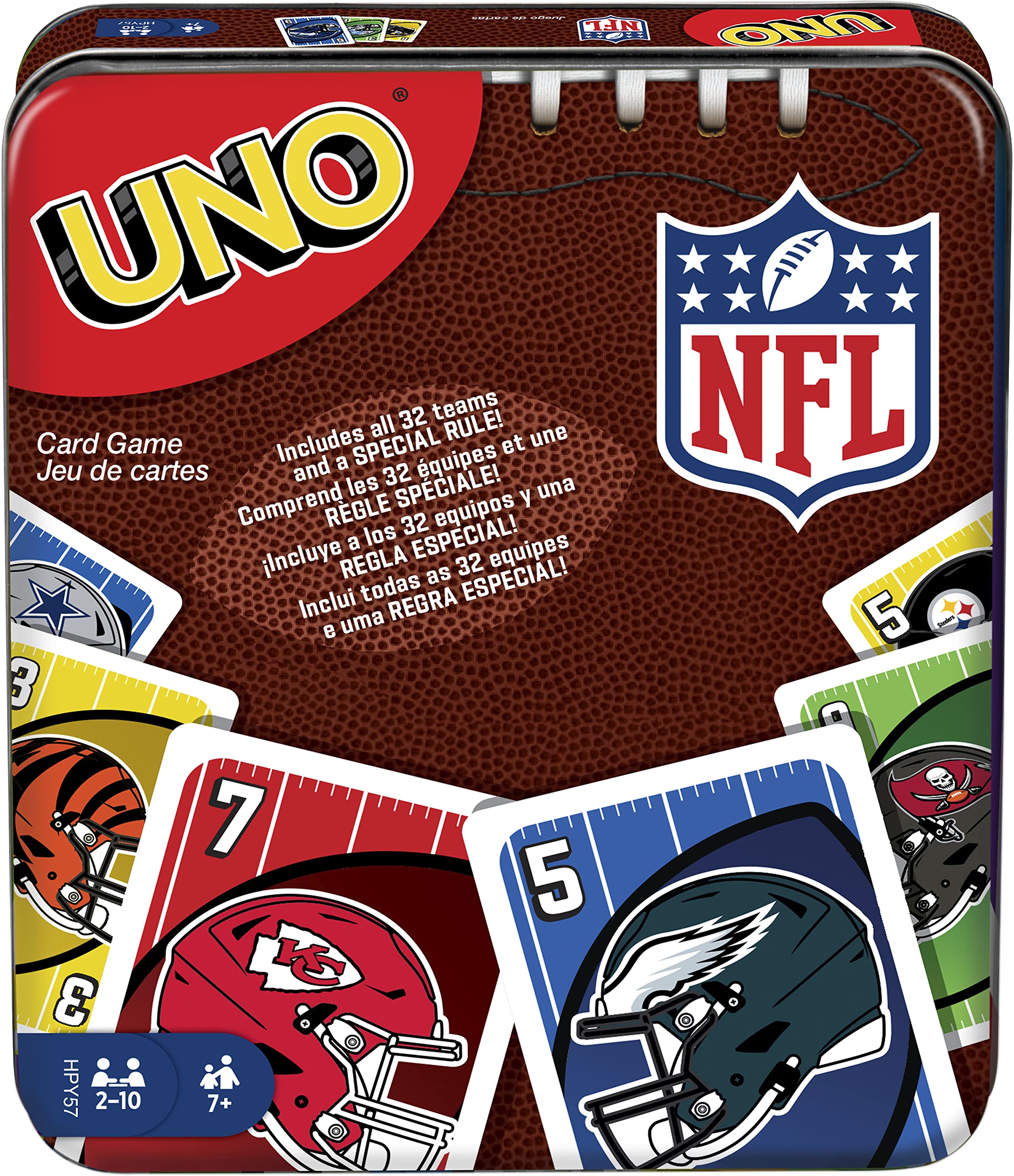 Mattel Games UNO NFL Card Game for Kids & Adults, Travel Game with NFL Team Logos & Special Rule in Storage Tin Box