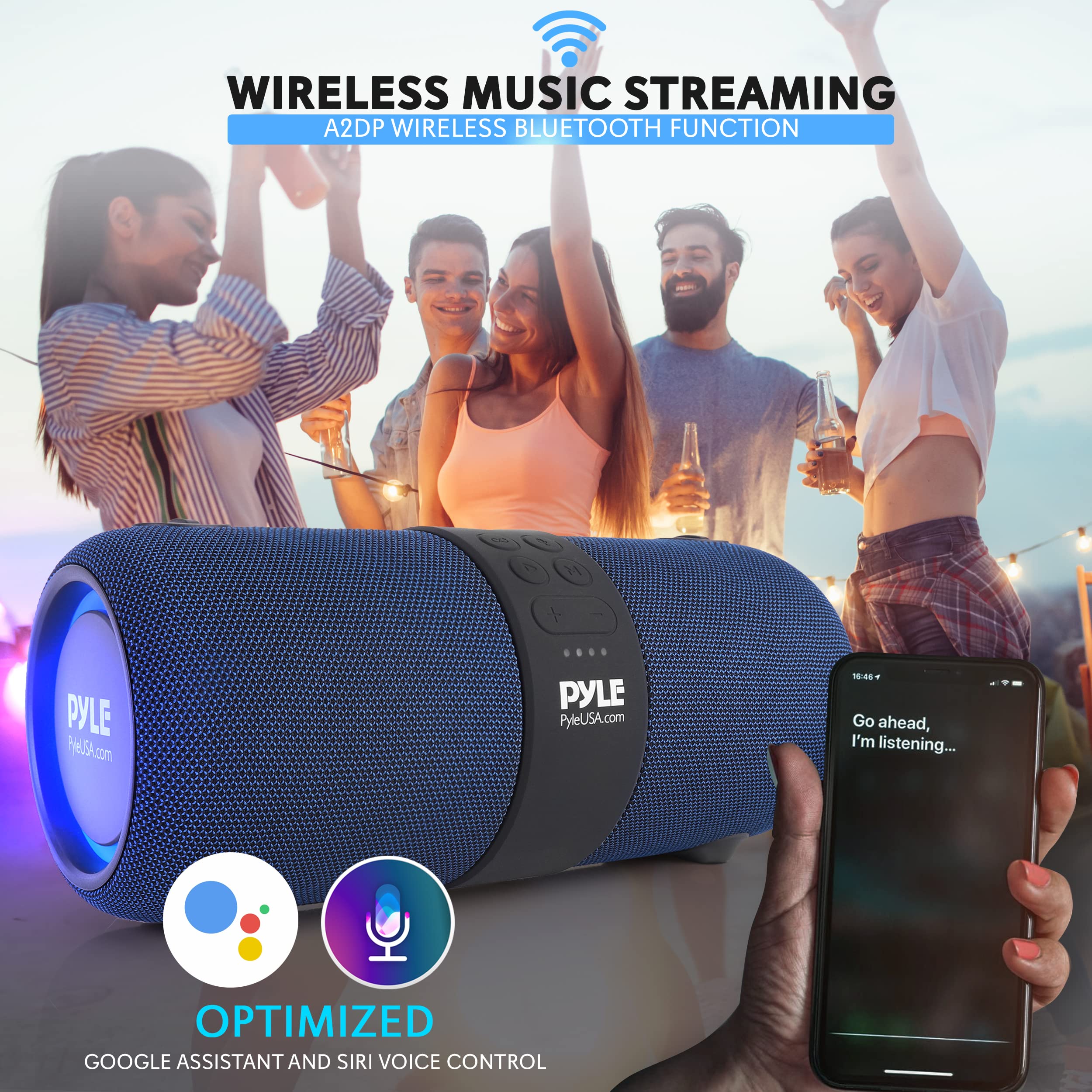 PyleUsa Wireless Portable Bluetooth Boombox Speaker - 2Ch Waterproof Rechargeable Fabric Stereo Speaker w/Google Assistant/Siri Voice Control, TWS Function, USB FM Radio, RGB Lights -PSBWP9BL (Blue)
