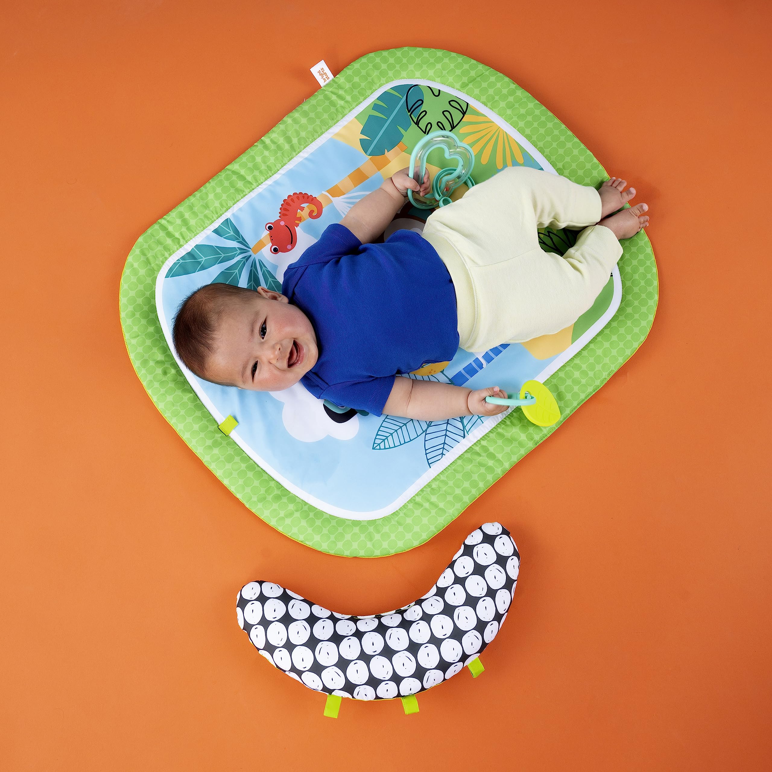 Bright Starts Easy Breezy Baby Tummy Time Activity Mat with 2 Detachable Take Along Toys, Compact & Machine-Washable, Newborn +