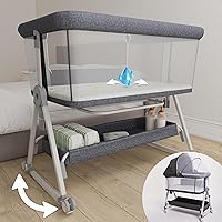 Baby Bassinet Bedside Sleeper with Rocking - All Mesh Portable Bedside Crib for Safe Co-Sleeping, Storage Basket and Wheels, Adjustable Height, Includes Travel Bag, Mosquito Net