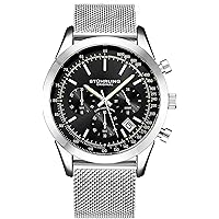 Stuhrling Original Chronograph Mens Watch Analog Watch Dial with Date - Tachymeter, Leather or Mesh Band (Silver Black)