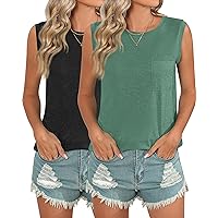 2 Pack Women Sleeveless Shirts, Crew Neck Tank Tops, Casual Loose Fit Tunic Shirts Basic Top with Pocket