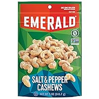 Emerald Nuts Salt and Pepper Seasoned Cashews (1-Pack), 5oz Resealable Bag, Kosher Certified, Non-GMO, Contains No Artificial Preservatives, Flavors or Synthetic Colors
