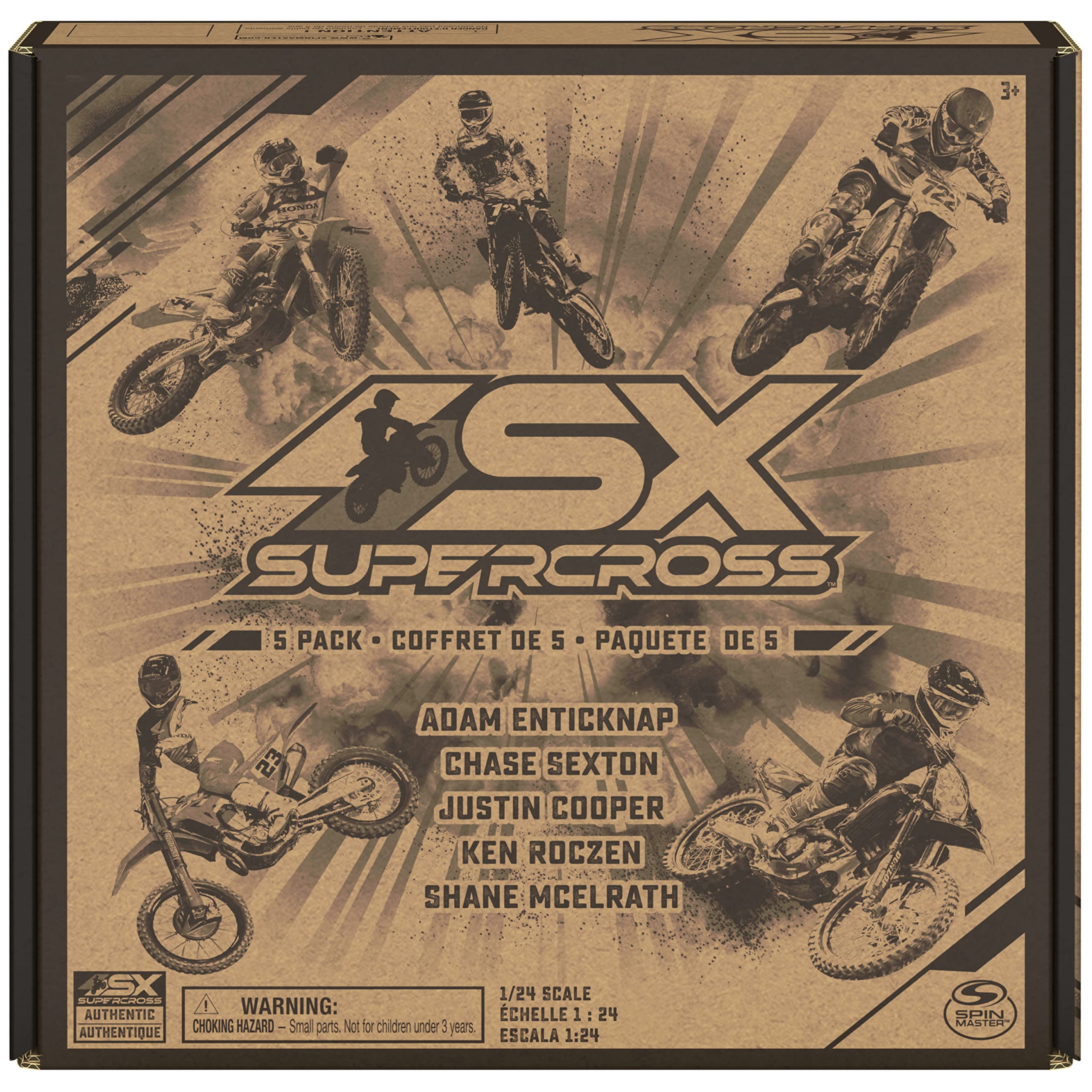 Supercross, Authentic 5-Pack of 1:24 Scale Die-Cast Motorcycles with Rider Figure, Toy Moto Bike for Kids and Collectors Ages 3 and up