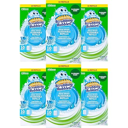 Scrubbing Bubbles Fresh Brush Flushables Refill, Toilet and Toilet Bowl Cleaner, Eliminates Odors and Limescale, Rainshower Scent, 10ct- Pack of 6 (60 Total Pads)