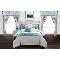 Chic Home Sonita 20 Piece Comforter Set Color Block Floral Embroidered Bag Bedding-Sheets Window Treatments Decorative Pillows Shams Included, King, Blue
