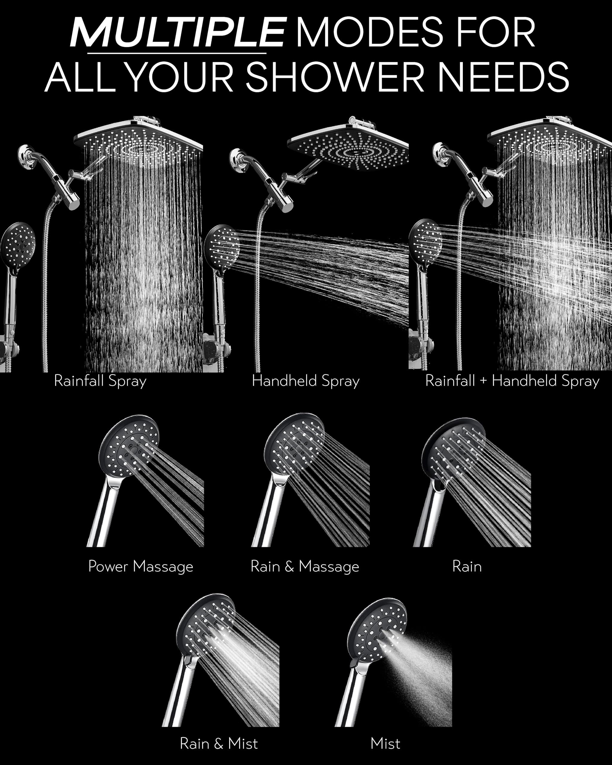 Veken 12 Inch High Pressure Rain Shower Head Combo with Extension Arm- Wide Rainfall Showerhead with 5 Handheld Water Spray - Adjustable Dual Showerhead with Anti-Clog Nozzles - Silver Chrome
