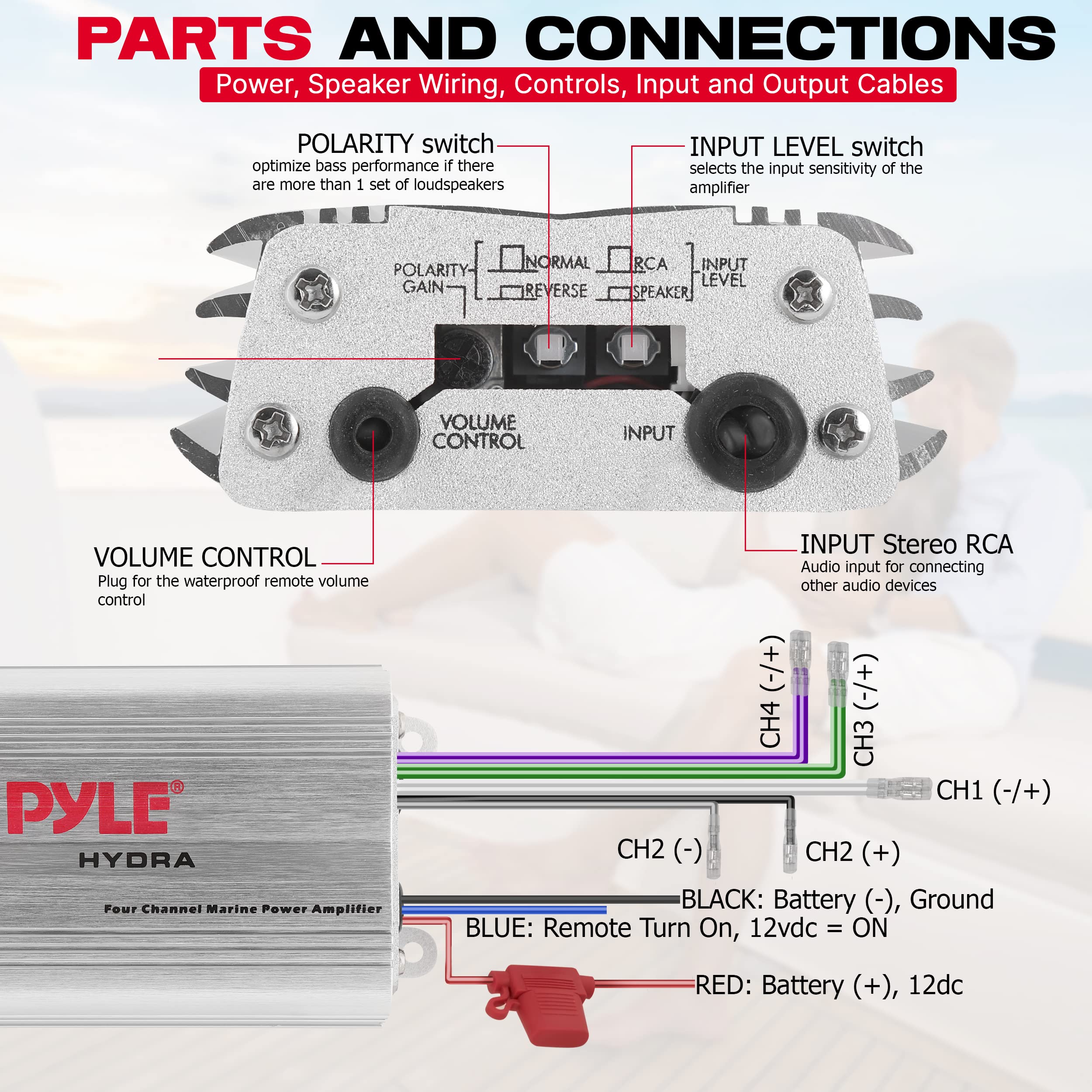 Pyle Hydra Marine Amplifier - Upgraded Elite Series 400 Watt 4 Channel Micro Amplifier - Waterproof, GAIN Level Controls, RCA Stereo Input, 3.5mm Jack, MP3 & Volume Control (PLMRMP3A)