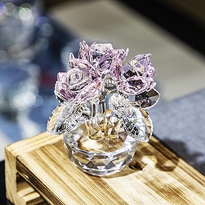 QFkris Pink Crystal Rose Bouquet Flower Figurine Glass Ornament Collection Mother's Day