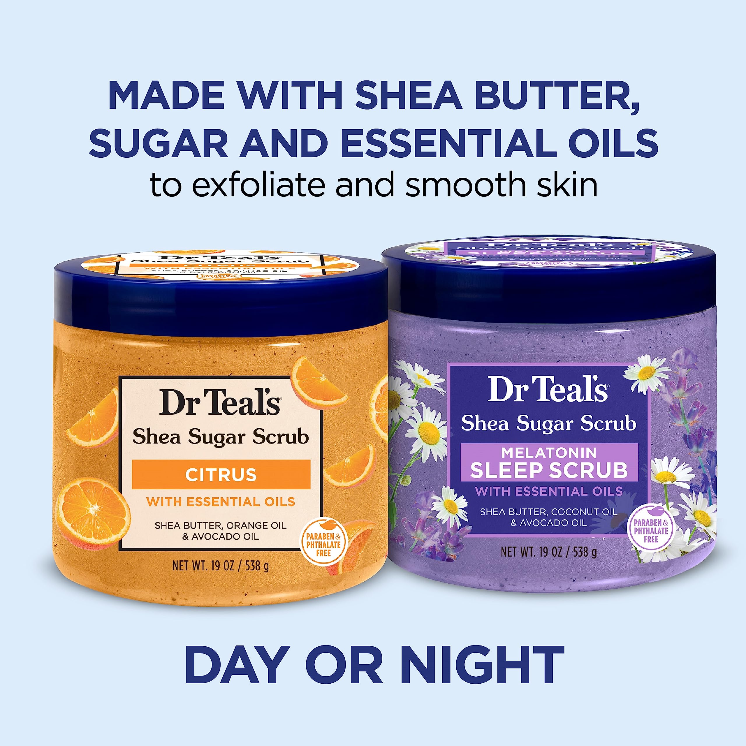 Dr Teal's Shea Sugar Body Scrub, Daytime/Nighttime with Citrus and Melatonin, 19 oz (Pack of 2) (Packaging May Vary)