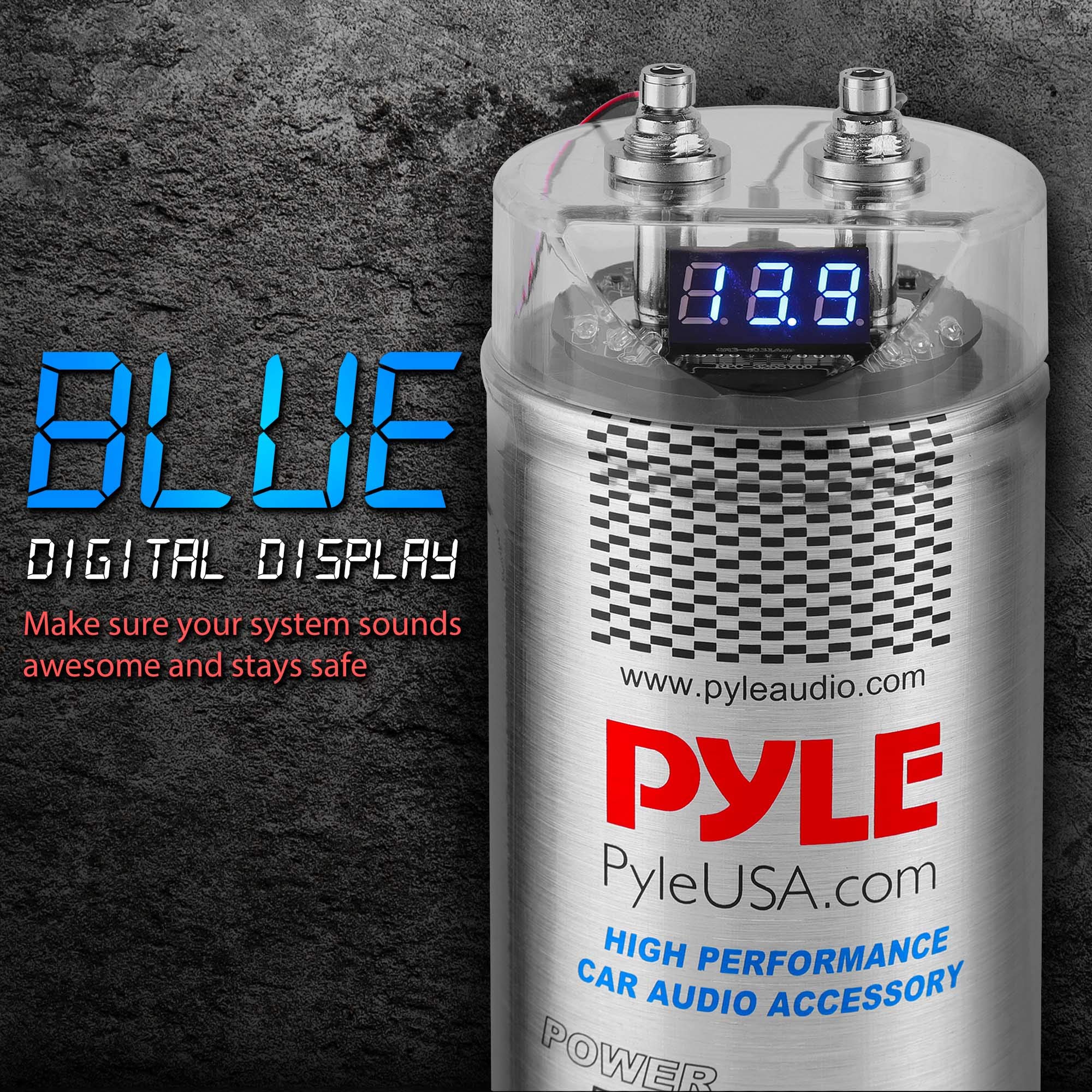 Pyle 5.0 Farad Digital Power Capacitor - High-Performance Car Audio Accessory with Blue Digital Display, Voltage Readout, Over Voltage Protection, Mounting Hardware, DC 12-24V - Pyle PLCAPE50