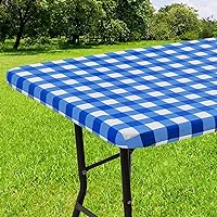 smiry Rectangle Picnic Table Cloth, Elastic Waterproof Fitted Vinyl Tablecloth for 6 FT Tables, Flannel Backed Buffalo Plaid Table Covers for Dining, Camping, Outdoor (White and Blue, 30