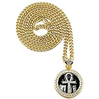 Ankh Necklace Gold And Black Color With Crystal Rhinestones Pendant and 36 Inch 6mm Cuban Chain