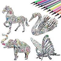 3D Coloring Puzzle Set,4 Animals Puzzles with 12 Pen Markers, Art Coloring Painting 3D Puzzle for Kids Age 7 8 9 10 11 12. Fun Creative DIY Toys Gift for Girls and Boy