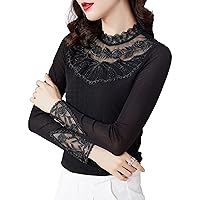 Women's Mesh Tops Long Sleeve Fashion Lace Embroidery Floral Rhinestone Semi Sheer Chiffon Blouses Elegant Work Shirts