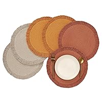 Folkulture Round Placemats Set of 6, Cotton Place Mats, Heat Resistant Anti-Slip Farmhouse Style Cloth Table Mats for Table Decorations, Washable and Rustic, 12