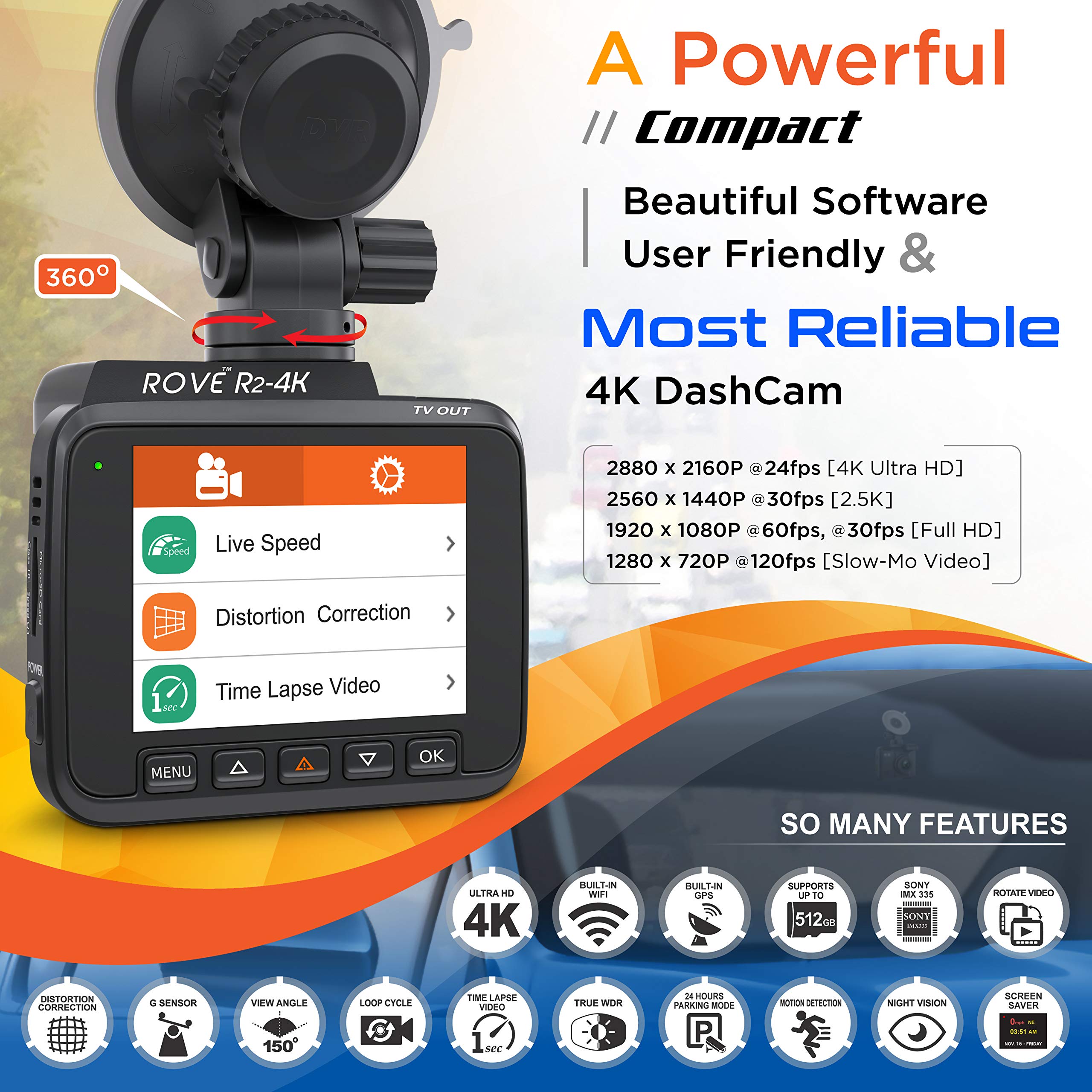 Rove R2-4K Dash Cam Built in WiFi GPS Car top Dashboard Camera Recorder with UHD 2160P, 2.4