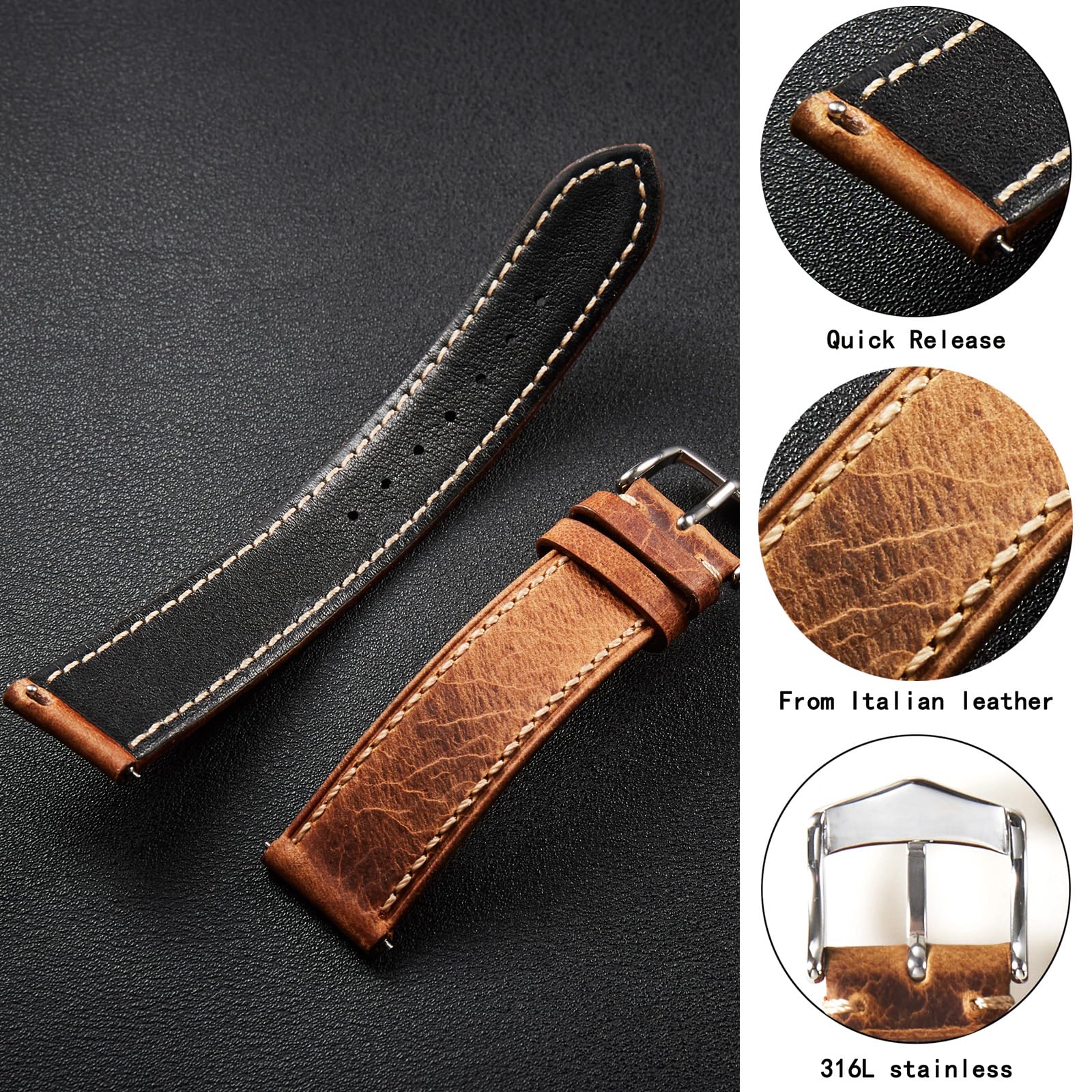 Getalia Leather Watch Band, Italian Crazy Horse/Oil-Waxed/Vegetable-Tanned Leather, Quick Release Watch Strap for Men and Women, Band Width 18mm 19mm 20mm 21mm 22mm