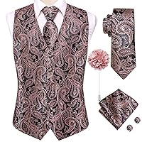 Hi-Tie Men's Suit Vest Tie Set With Lapel Pin Or Tie Clip Silk Waistcoat Necktie Handkerchief For Wedding Formal Tuxedo